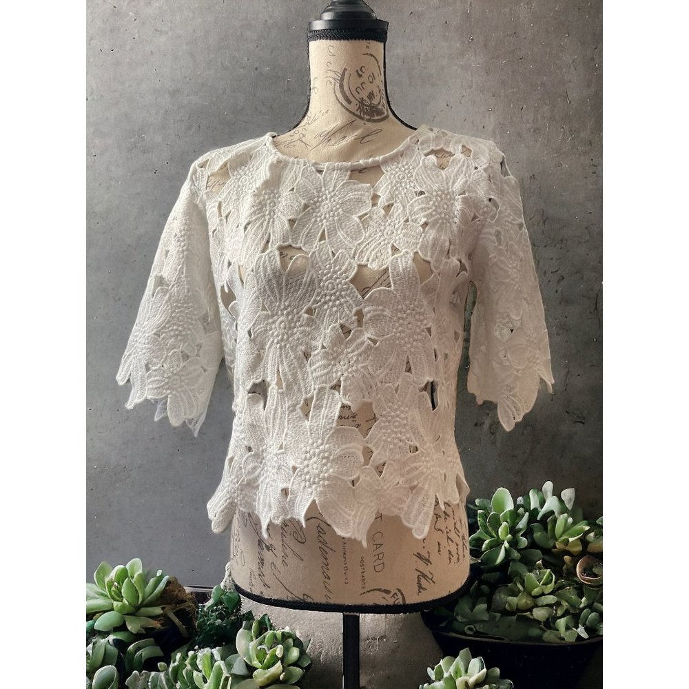 Floral cut out stitched crop top spring hollow out embroidered shirt m